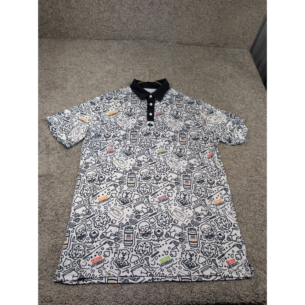 Pins & Aces Mens L Seltzer Saturdays Bud Light Golf Polo Shirt White Navy Blue